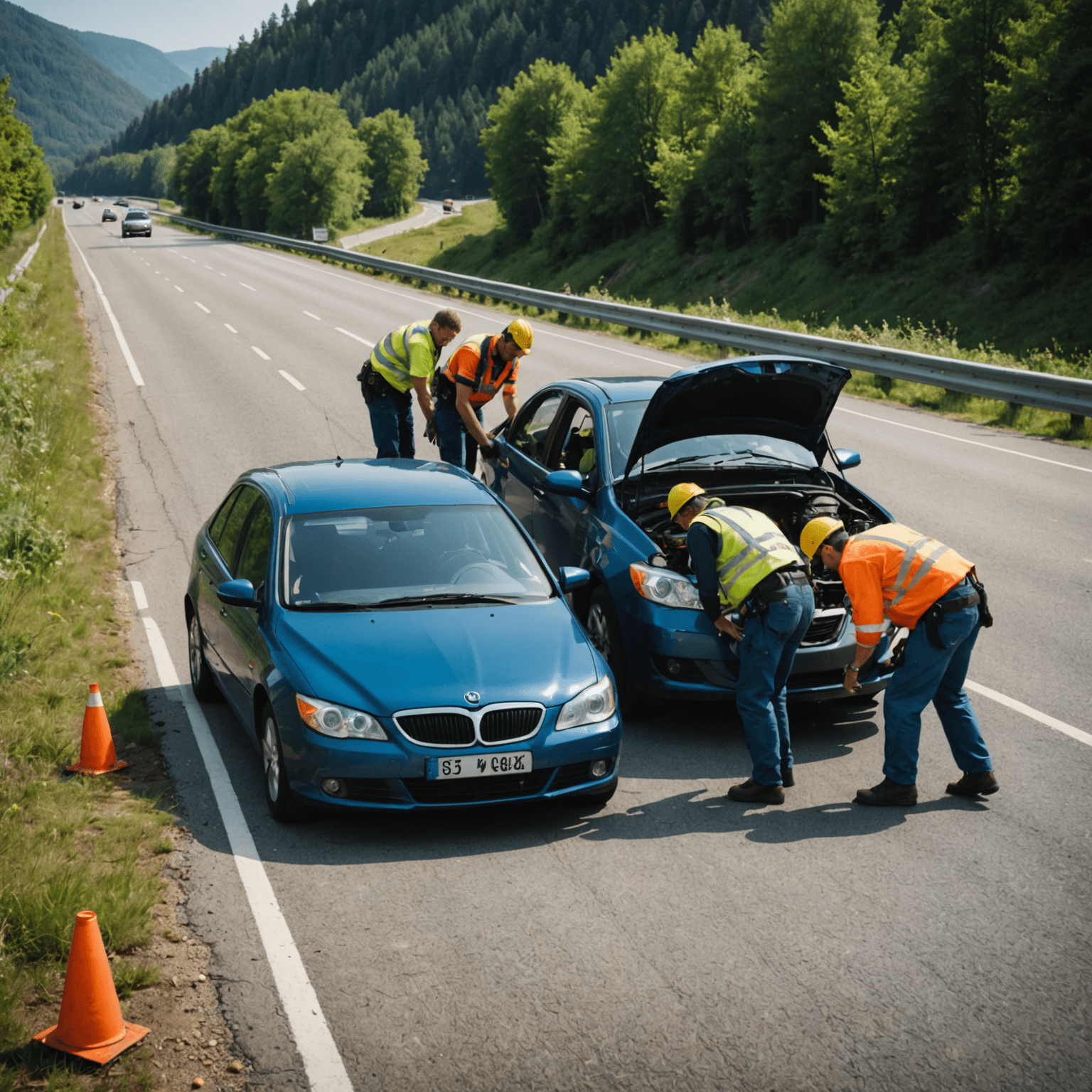 Road assistance team helping a driver with a broken-down car on a scenic highway