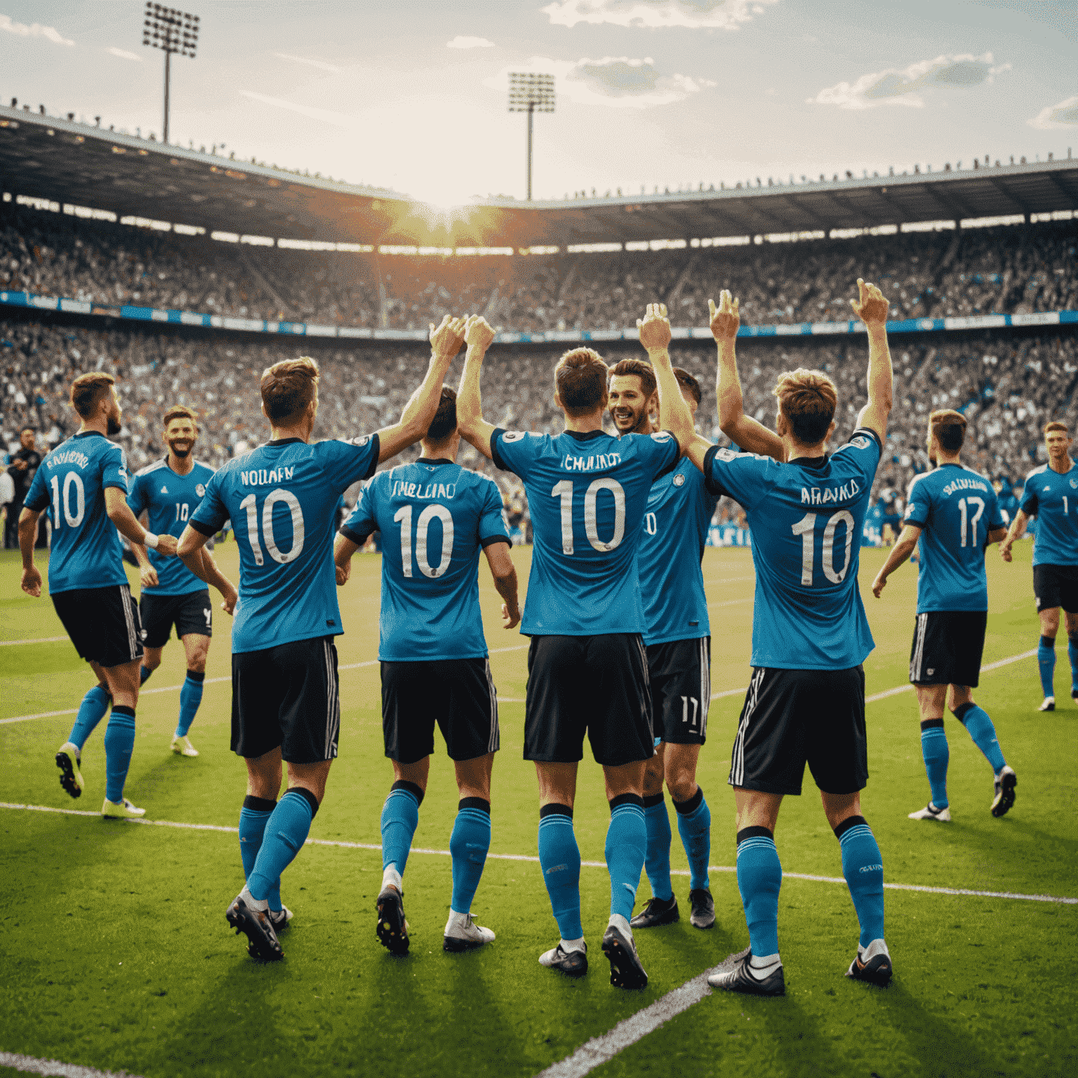 Soccer field with players celebrating an unexpected victory, fans cheering in the background