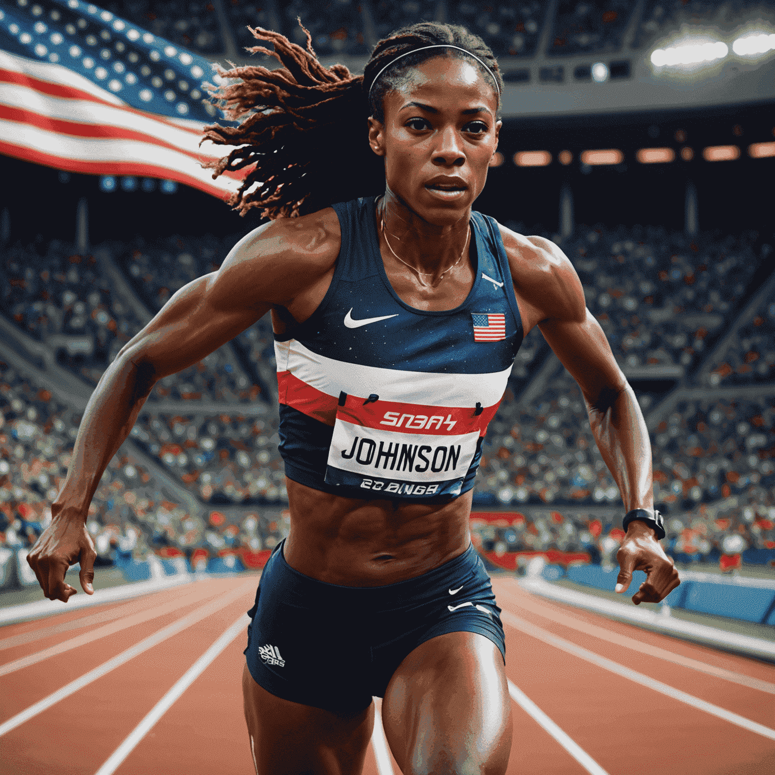 Sarah Johnson, an Olympic runner, sprinting on a professional track with determination in her eyes, wearing Team USA uniform