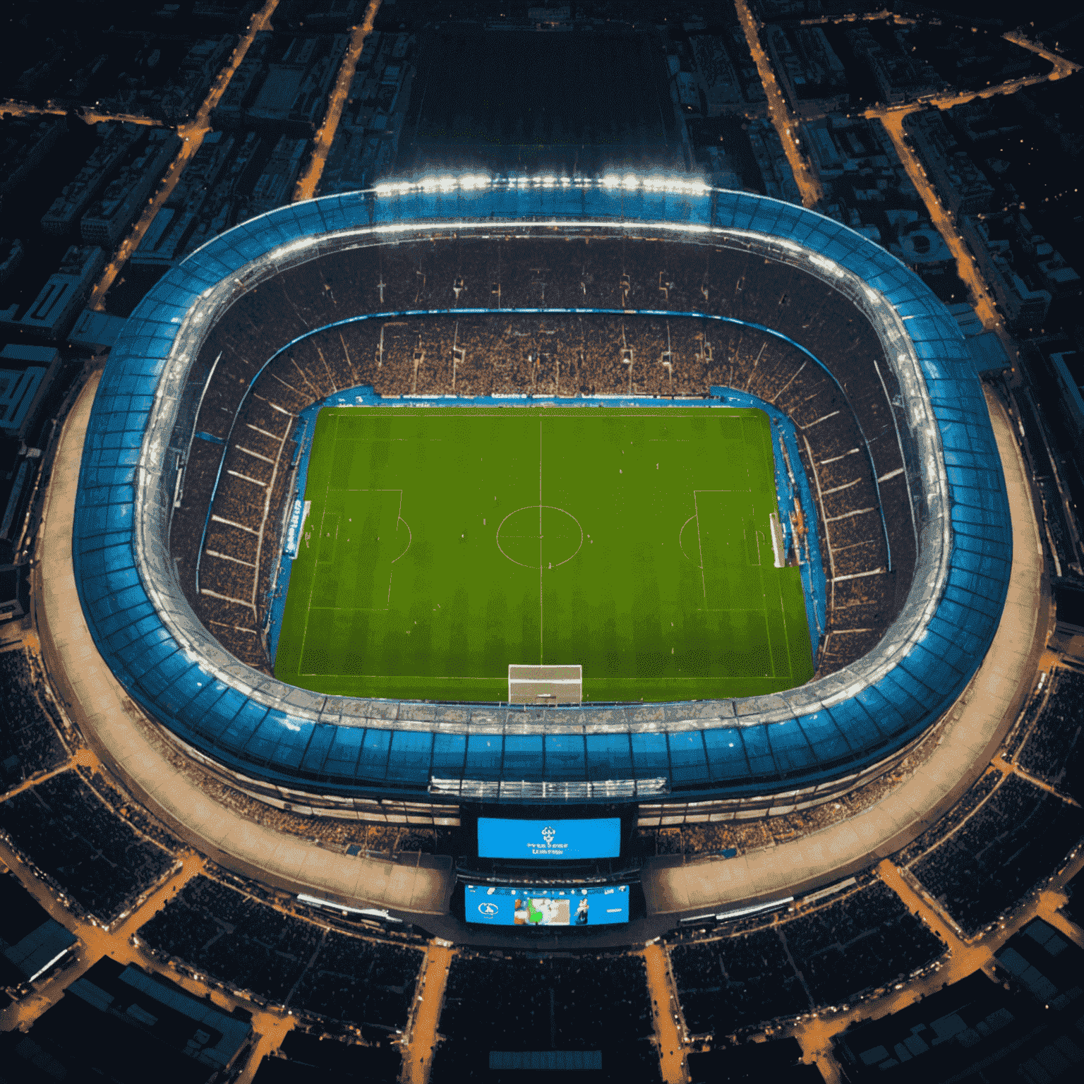 Aerial view of a packed stadium during the Champions League final, showing two teams in action on the pitch