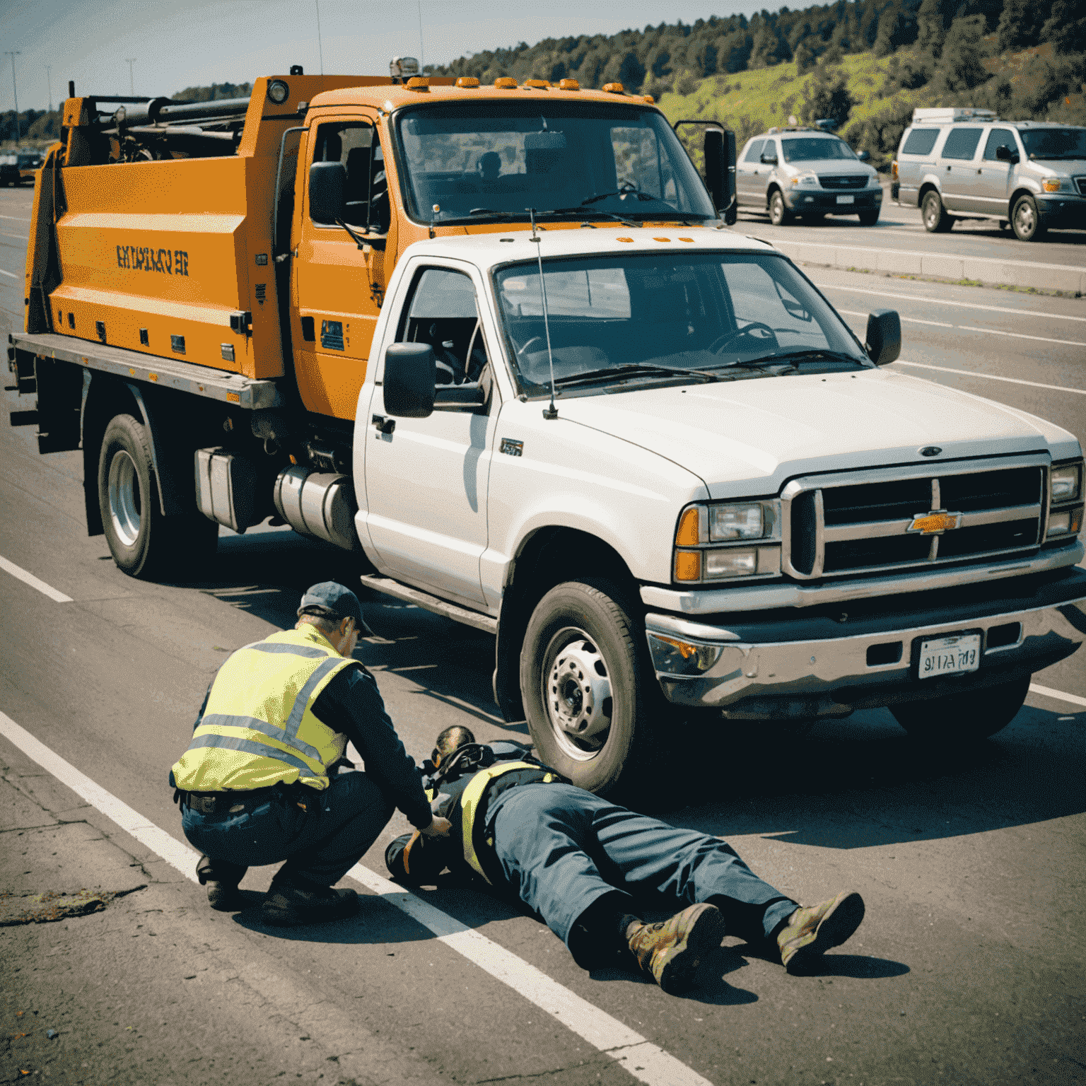 A tow truck assisting a broken-down car on the side of a highway, with a mechanic inspecting the vehicle's engine. The image conveys quick response and professional service.