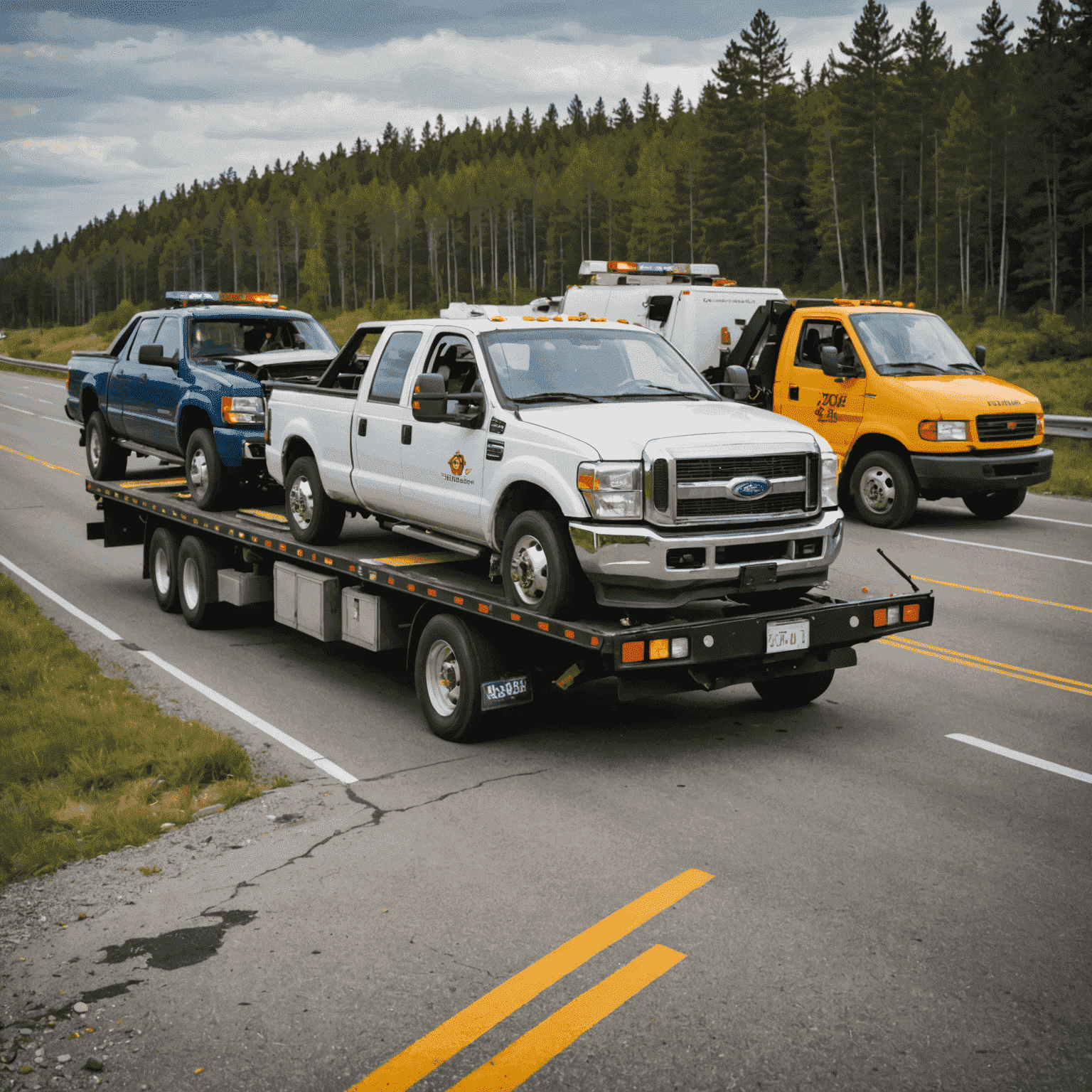 A tow truck assisting a broken down car on the side of a highway, symbolizing 24/7 emergency roadside assistance