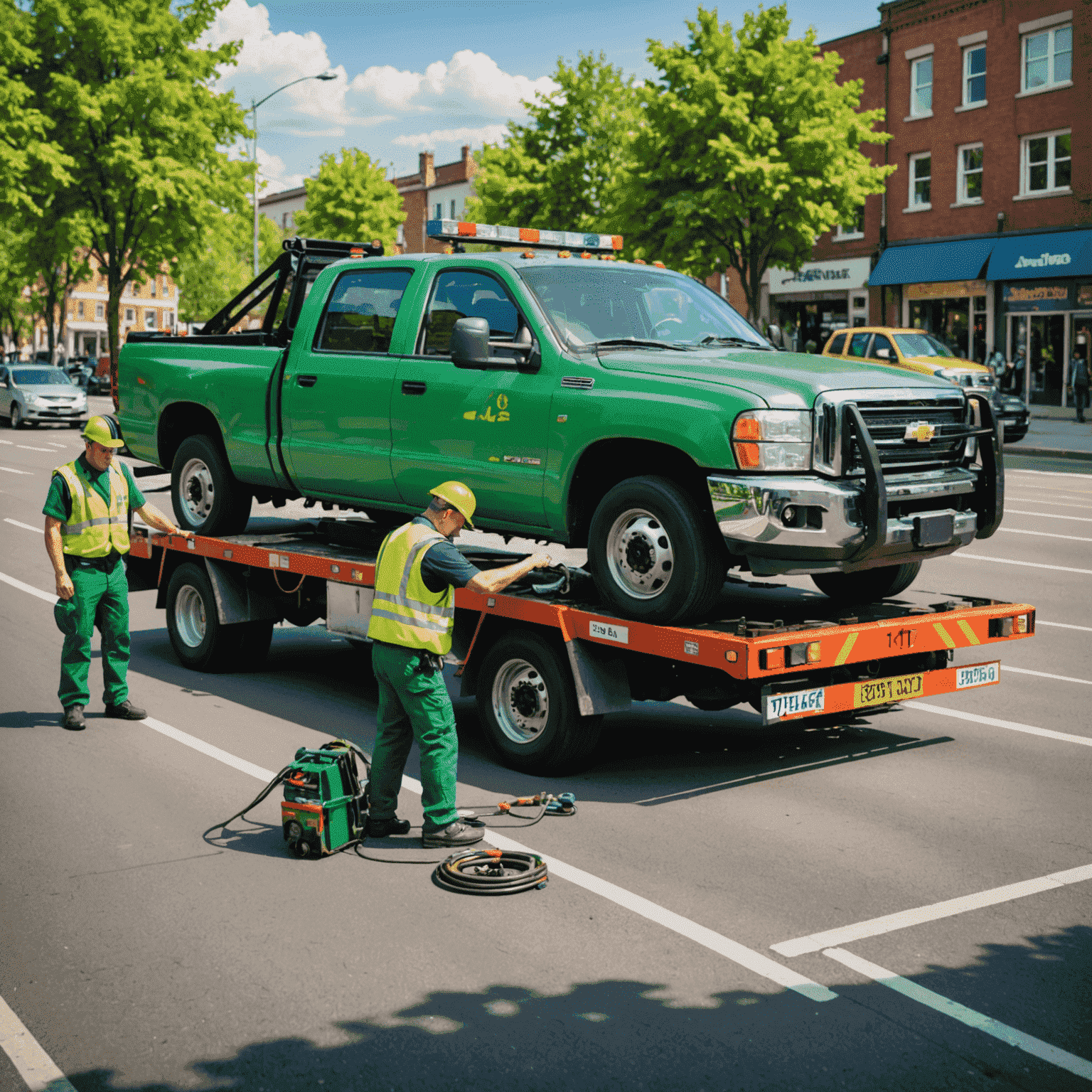 A professional tow truck assisting a broken-down vehicle on a busy road. The tow truck is painted in vibrant green, symbolizing our eco-friendly approach. The scene shows a driver being helped by a uniformed technician.