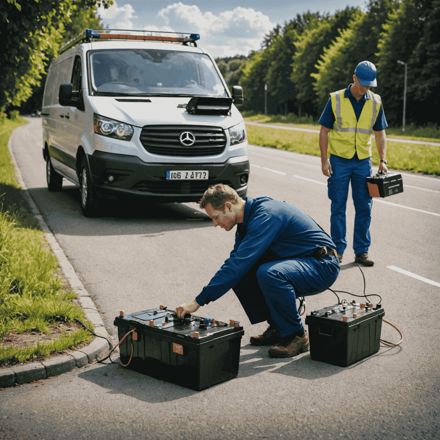 A technician jump-starting a car battery on the side of a road, with a service van visible in the background