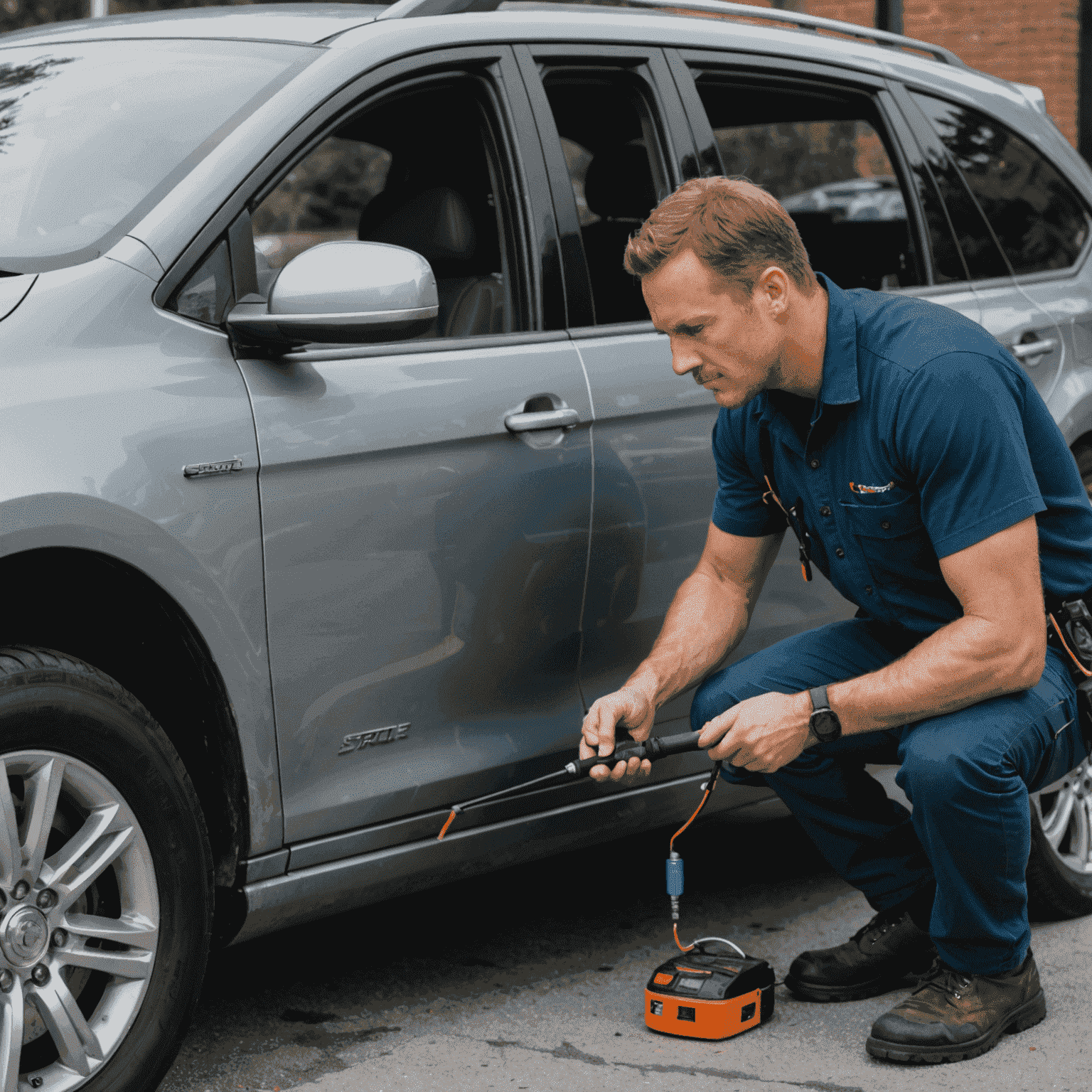 A technician using specialized tools to safely unlock a car door for a stranded driver