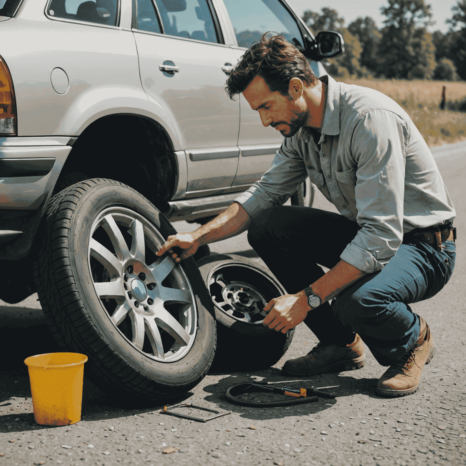 Mechanic changing a flat tire on the roadside