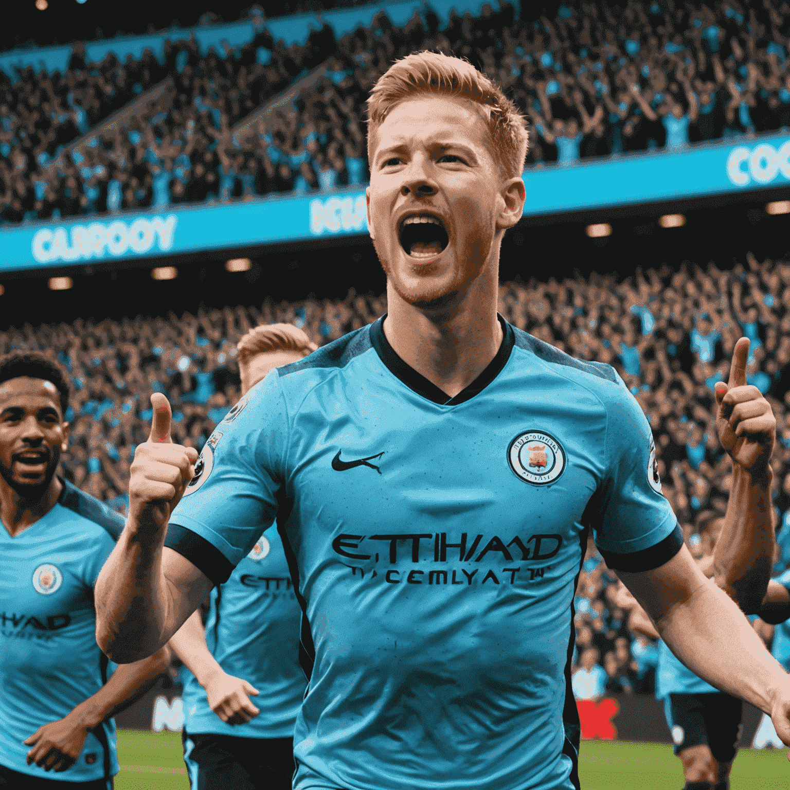 Kevin De Bruyne celebrating after assisting a goal, arms raised in triumph with teammates rushing to congratulate him