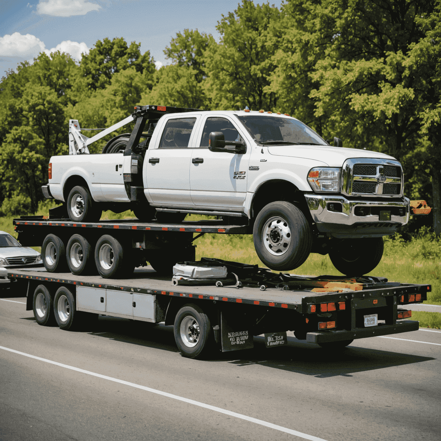 A large tow truck lifting a damaged car onto its flatbed. The scene shows a professional towing operation on a busy road, emphasizing the company's capability to handle various vehicle types.