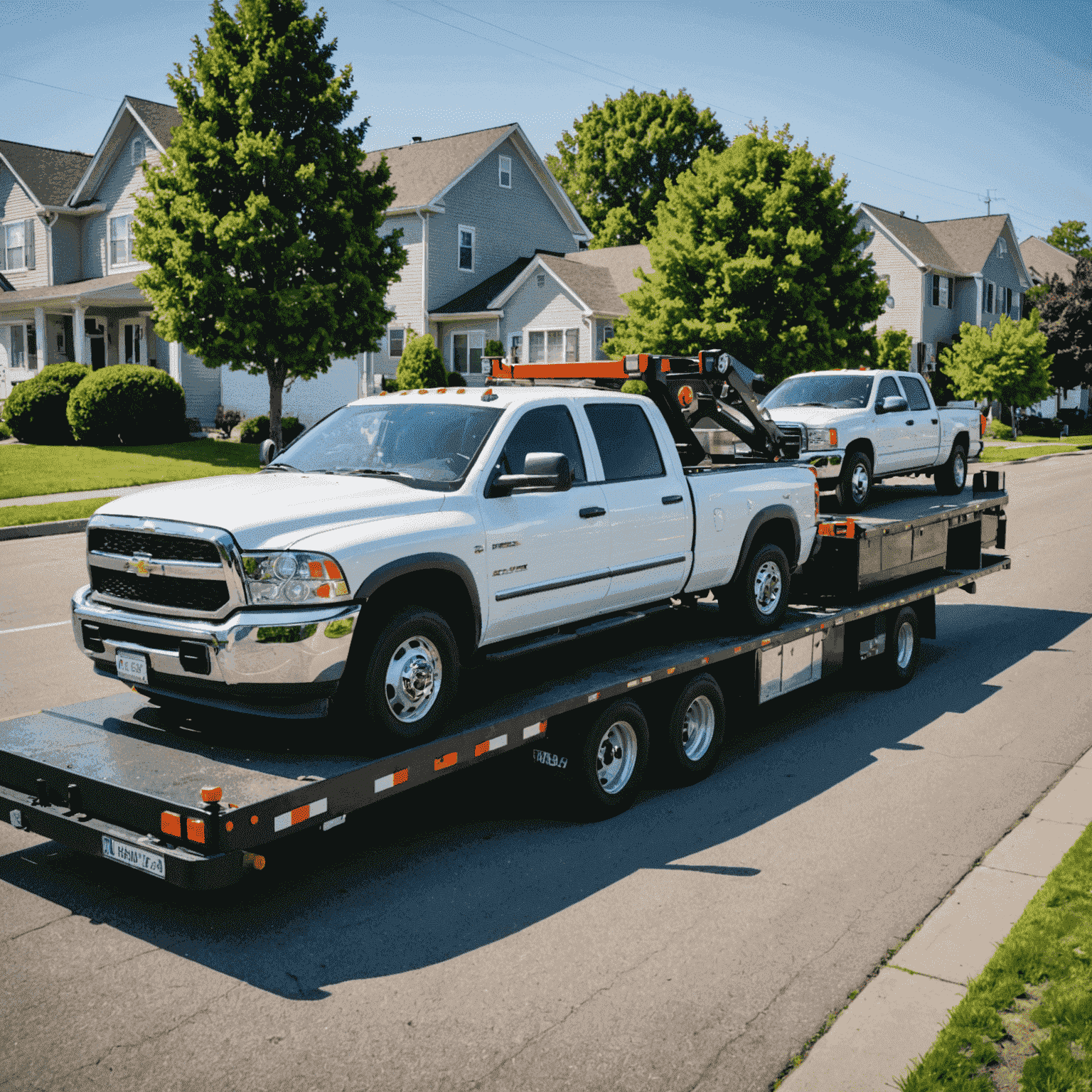 A tow truck providing local towing service within city limits. The image shows a car being carefully loaded onto a flatbed tow truck in a residential area.