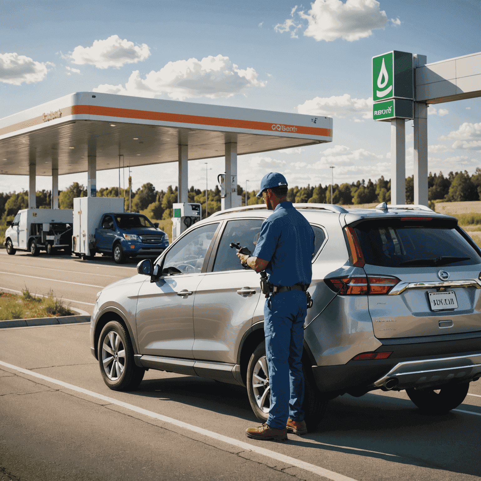 A fuel delivery technician refueling a car on the side of a highway, showcasing the quick and efficient service