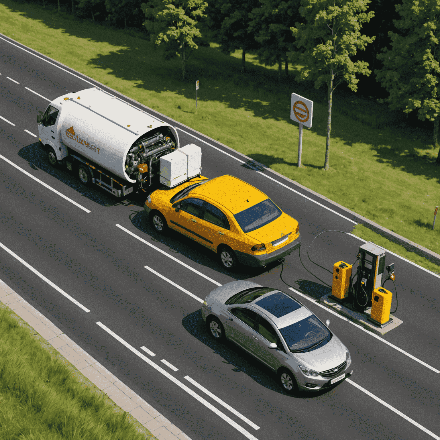 Road assist vehicle delivering fuel to a stranded car