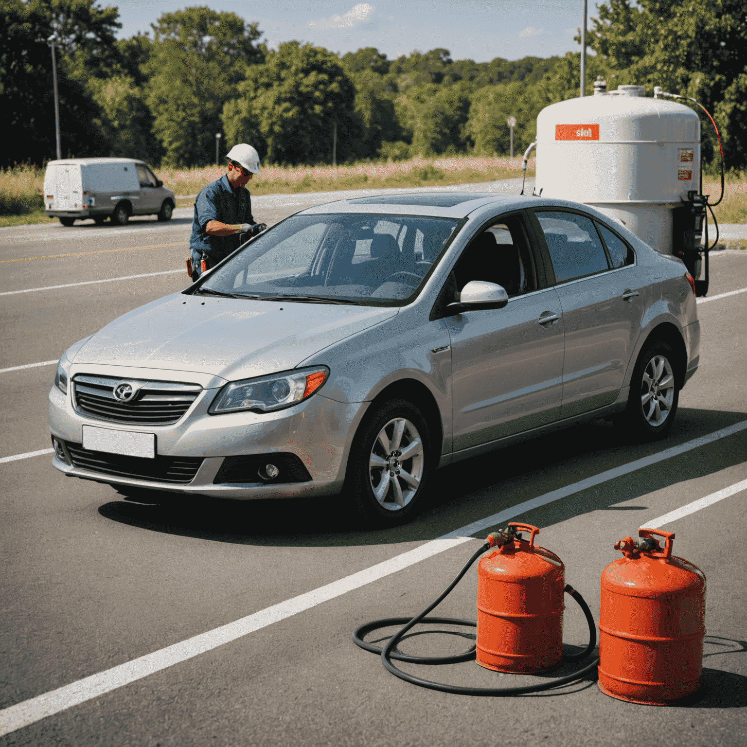 A service technician pouring fuel into a car's tank from a portable fuel container. The background shows a stranded vehicle on an empty road, illustrating the timely fuel delivery service.