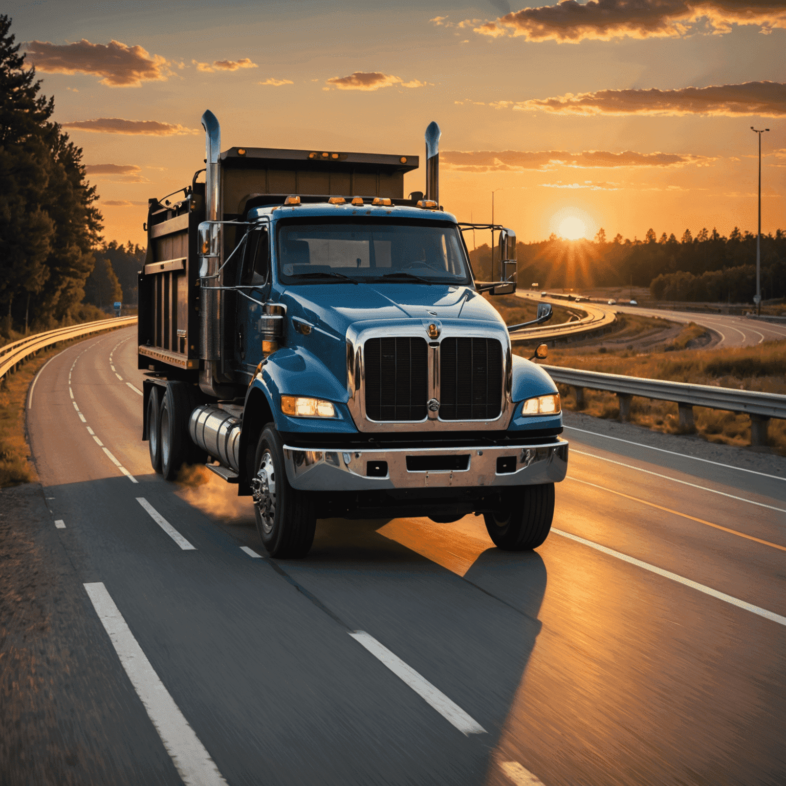 A heavy-duty tow truck on a highway, transporting a vehicle for a long-distance journey. The scene depicts the truck at sunset, emphasizing the capability for extended travel.