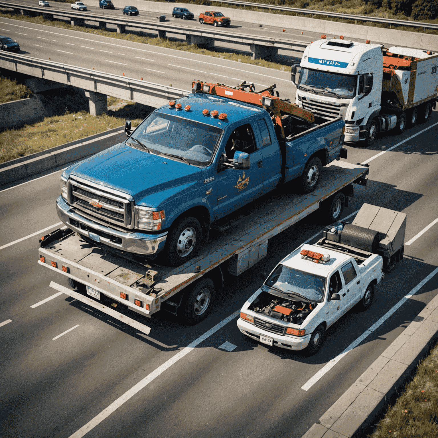 Tow truck assisting a broken-down vehicle on a busy highway