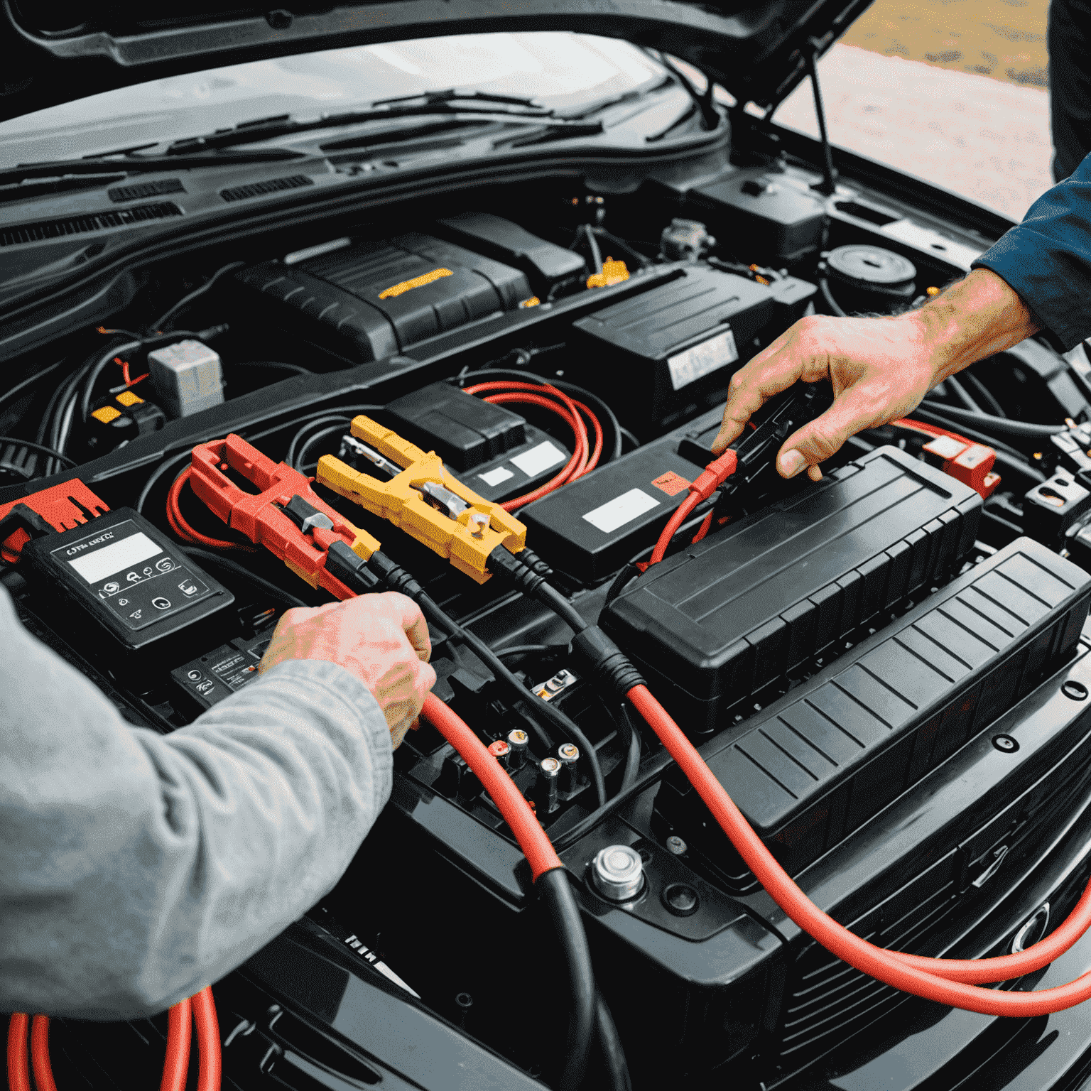 A close-up of jumper cables connected to a car battery, with a service technician in the background preparing to start the vehicle. The image conveys the quick and efficient battery jump-start service.