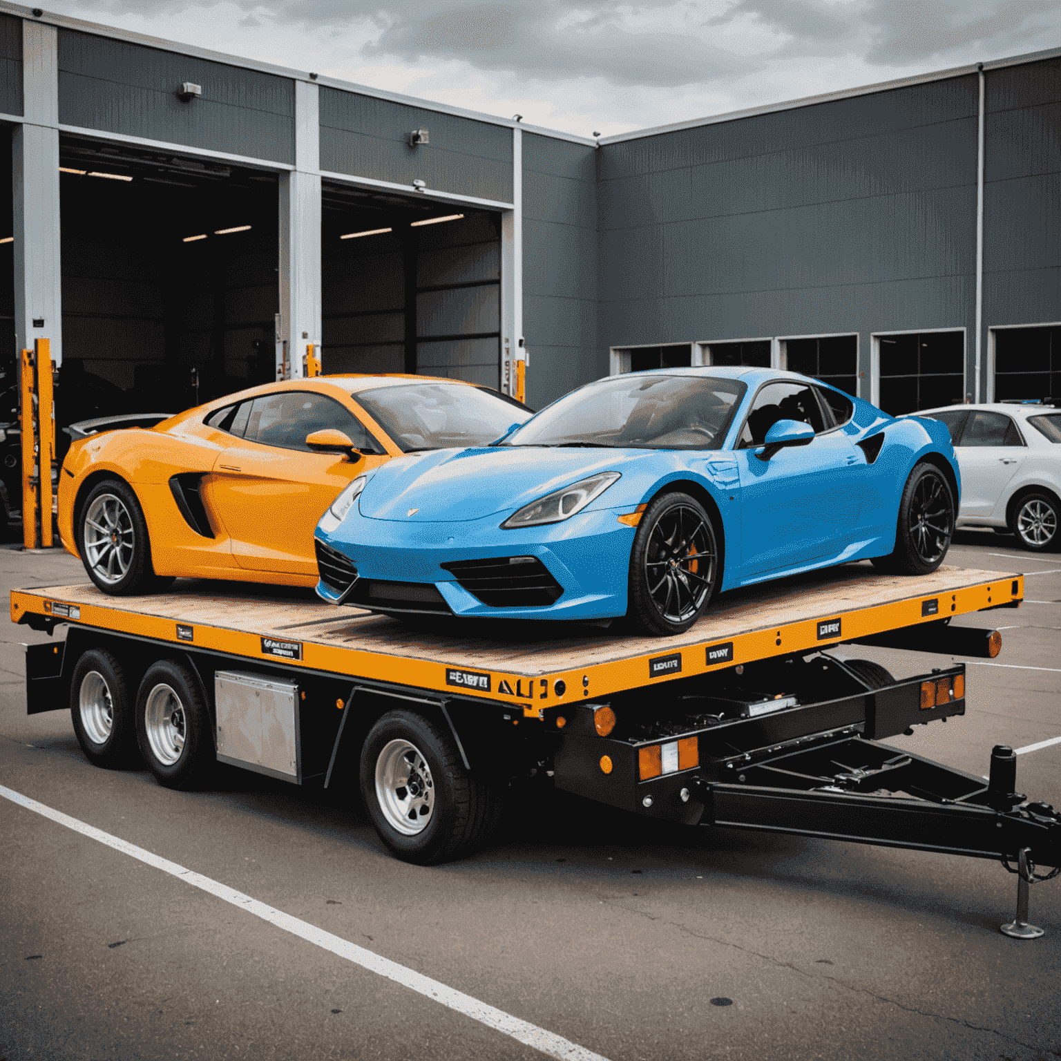 A specialized tow truck designed for luxury and exotic cars. The image shows a high-end sports car being carefully loaded using advanced equipment to prevent any damage.