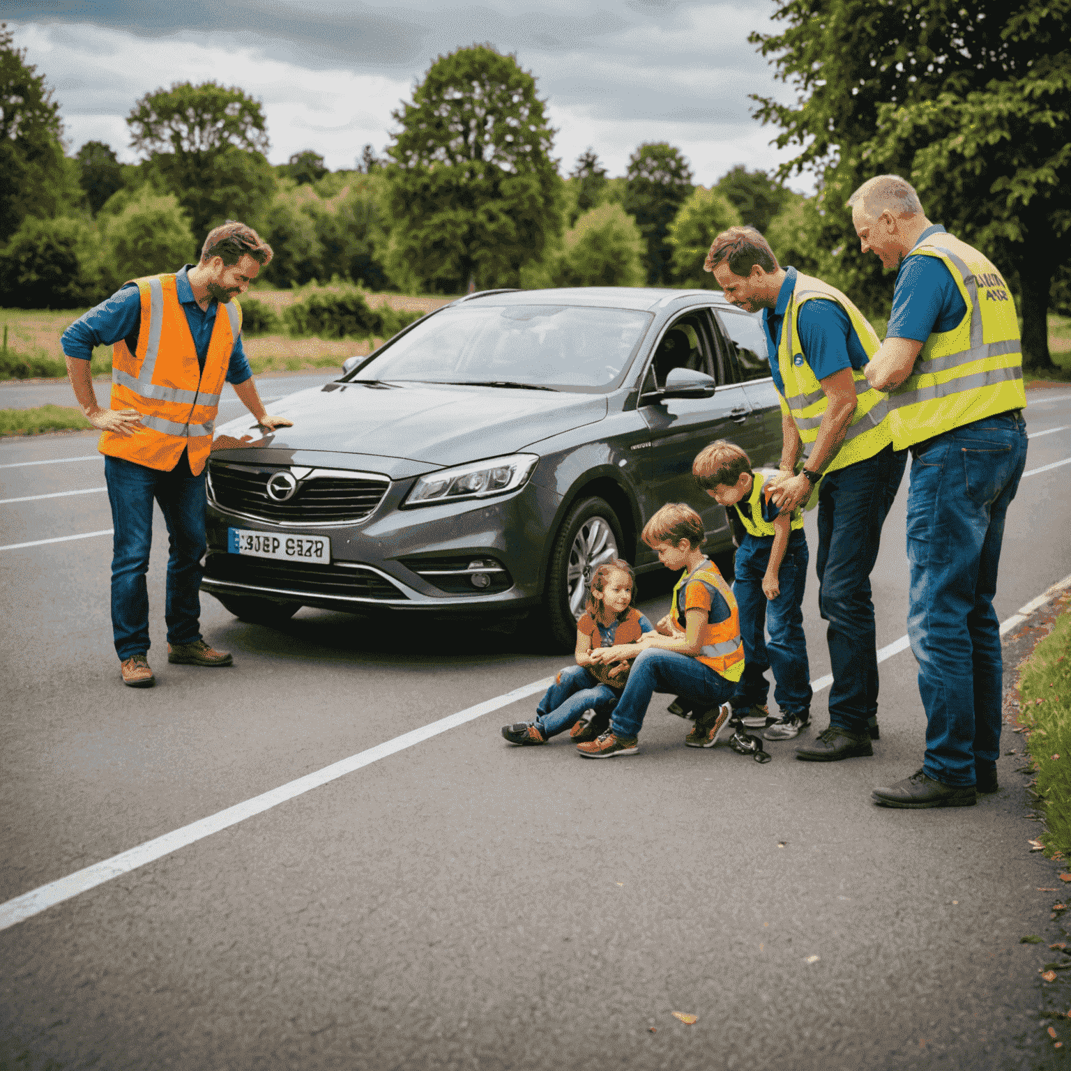 Road assist team helping a family with their broken-down car, showcasing friendly and professional service