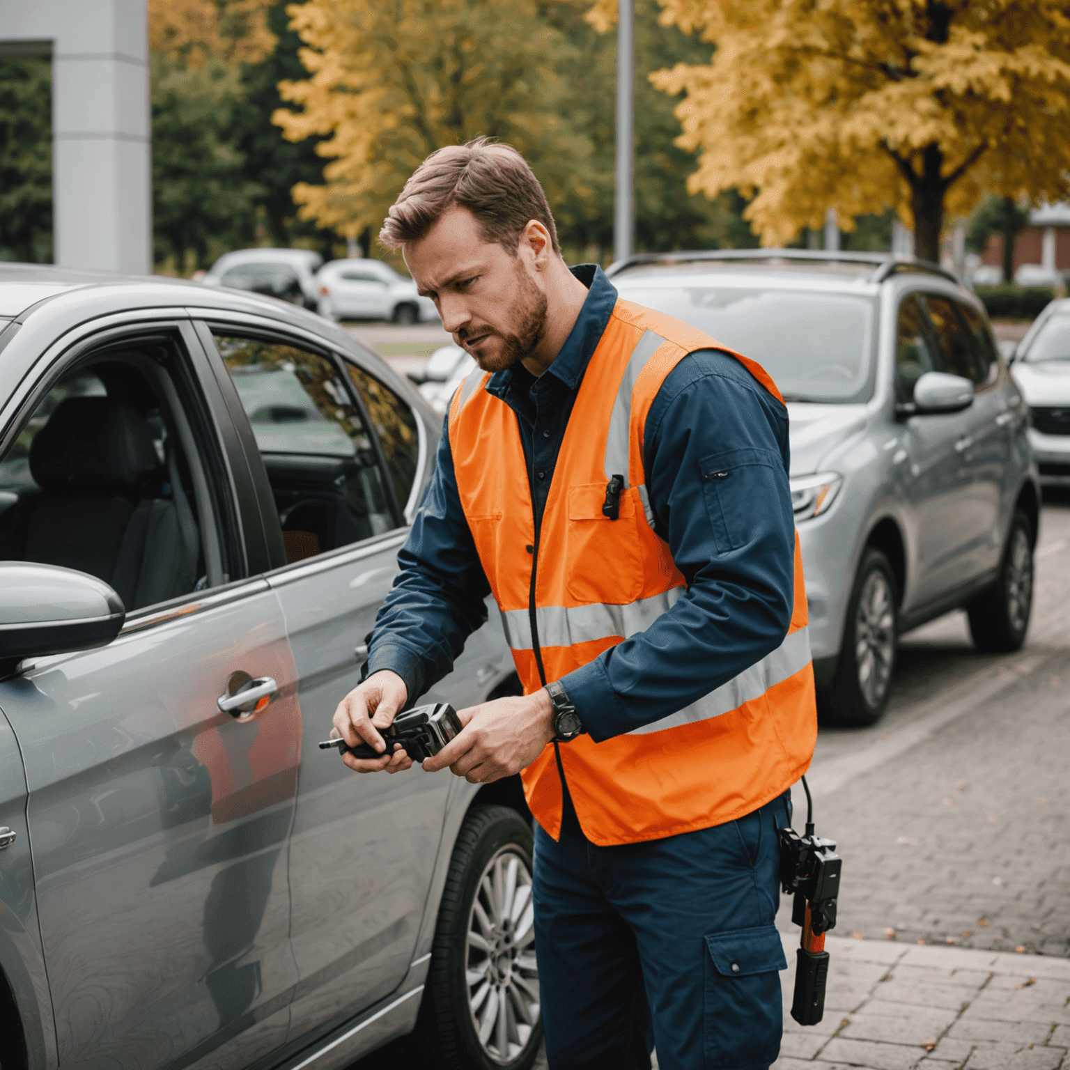 A service technician using specialized tools to unlock a car door. The image shows a frustrated driver standing nearby, emphasizing the importance of quick and professional lockout assistance.