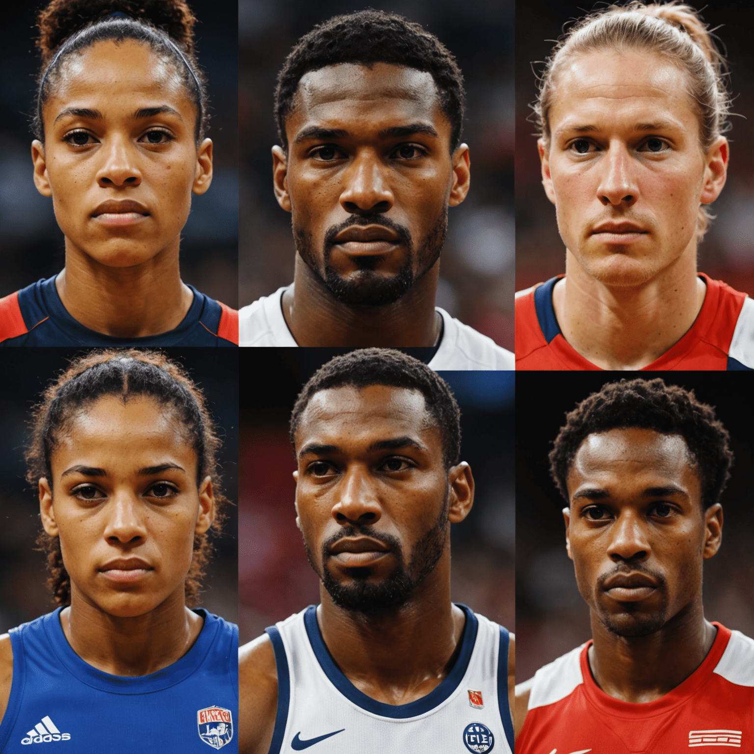 A montage of close-up portraits of diverse athletes from various sports, looking determined and focused