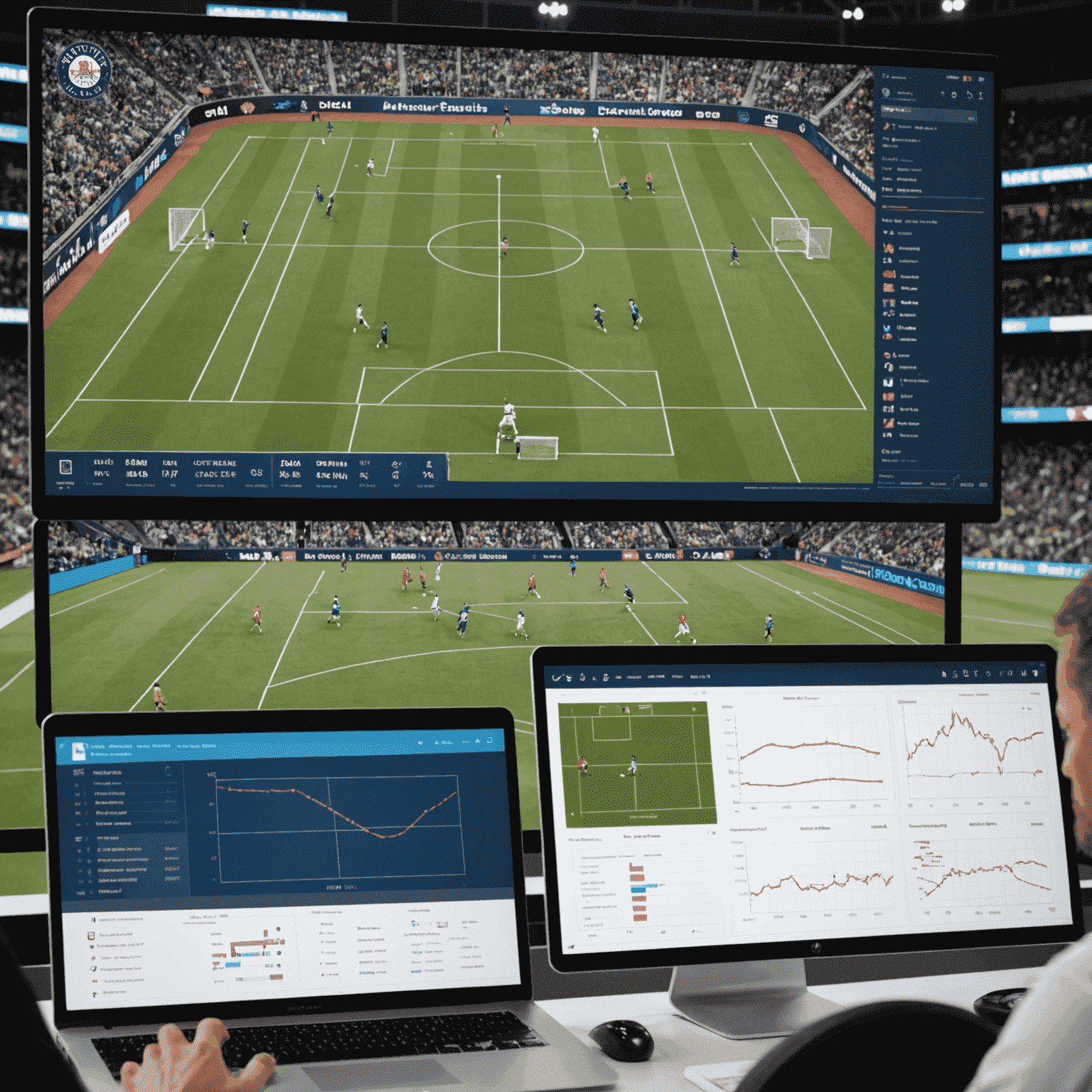 A split-screen image showing a sports game in action on one side and analytical charts and diagrams on the other